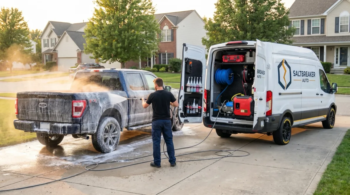 Saltbreaker Auto detailing a truck on a driveway in Brunswick, Ohio